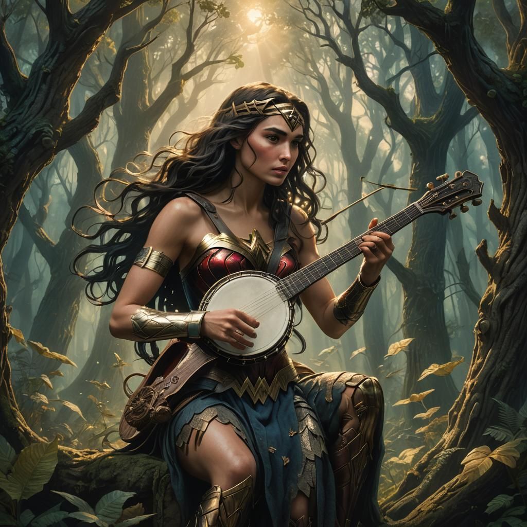 Wonder Woman Plays Banjo in Mystical Forest