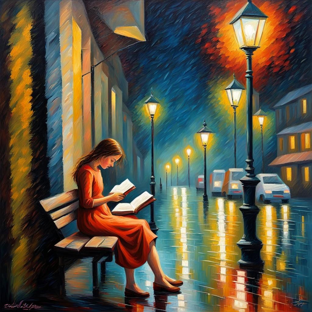 Girl Reading Book in Rainy Night, Neo-Impressionist Painting