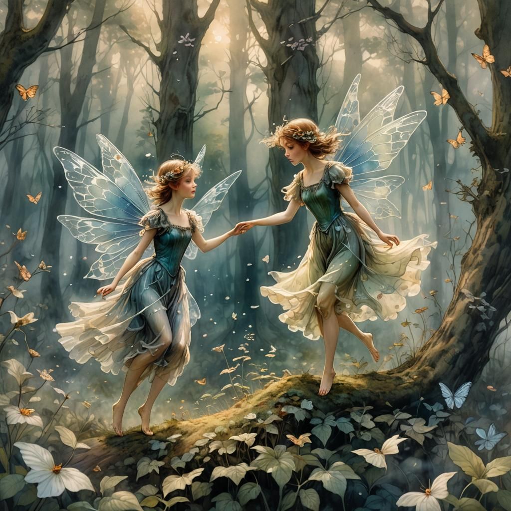 Fairies Fly Over Misty Forest in Watercolor Style
