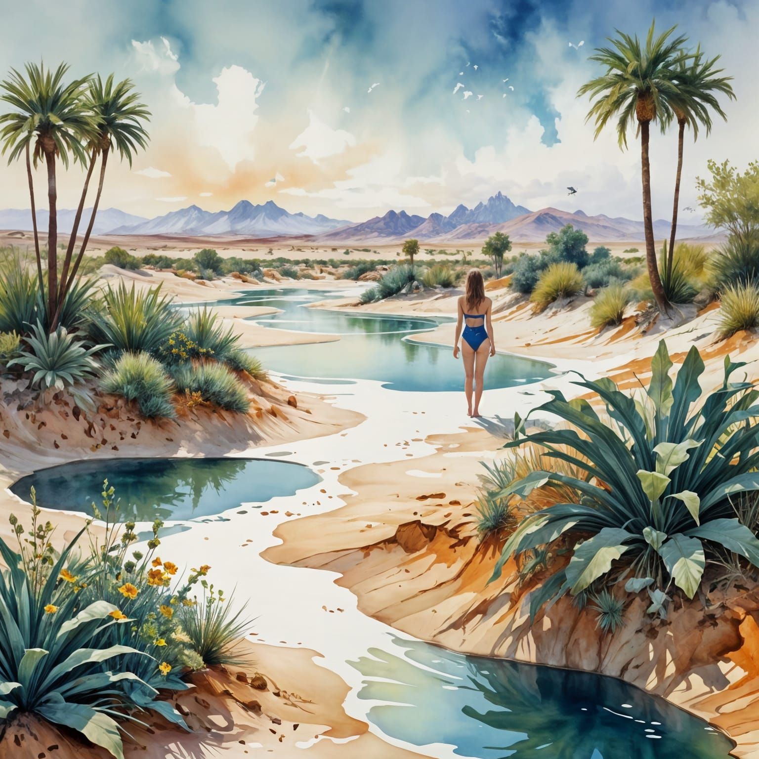 Desert Oasis Scene in Surreal Watercolour Style