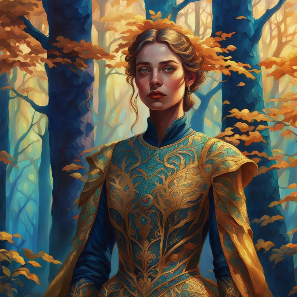 Woman in Gold Embroidered Silk Gown