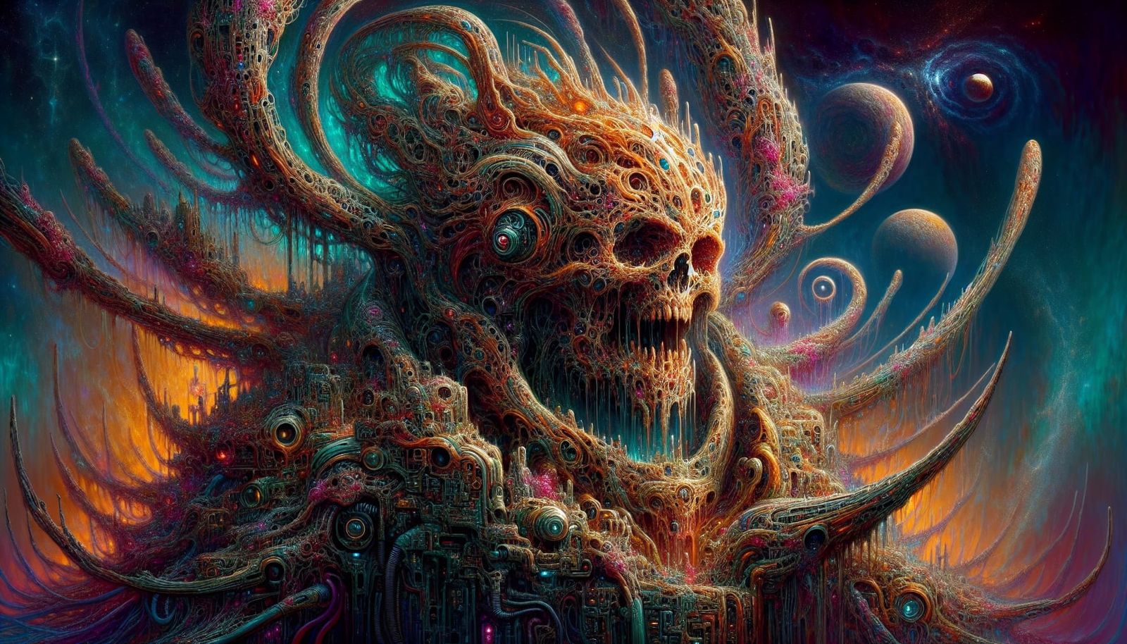 Colossal Bio-Mechanical Entity in a Mystic Horror Realm