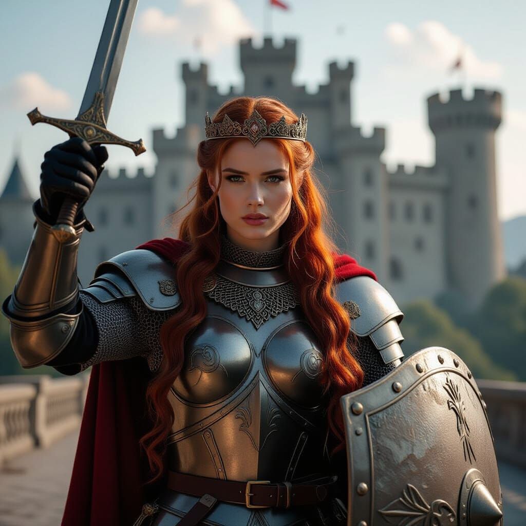 Fiery Warrior Queen in Armor with Sword and Shield