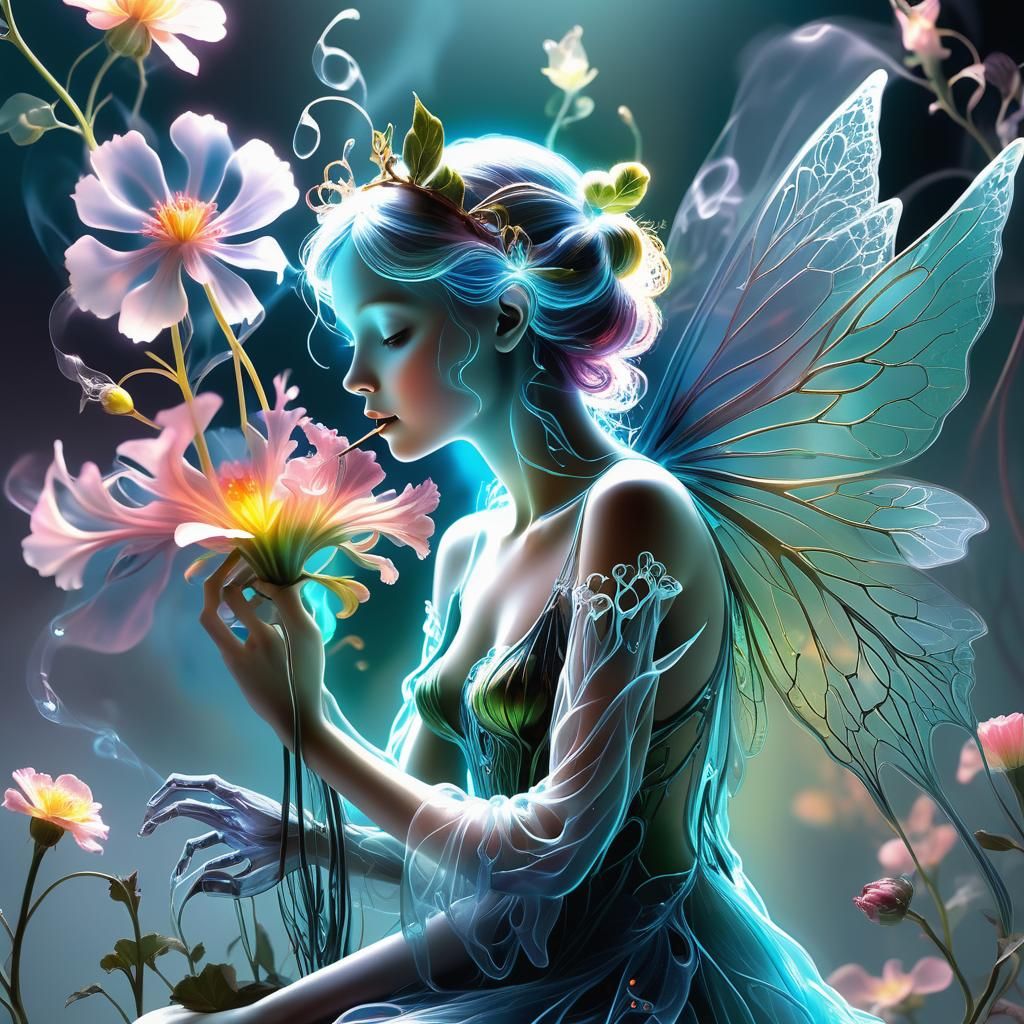 Neon Fairy with Flower in Dark Fantasy Style