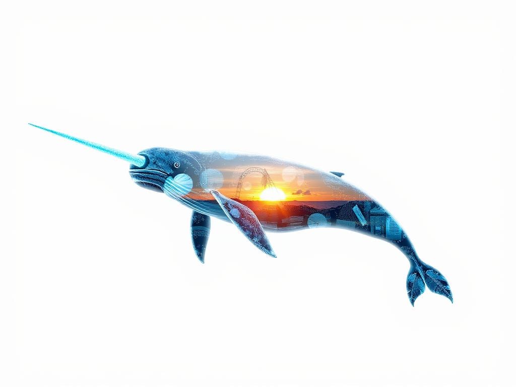 Bioluminescent Narwhal in Surreal Double Exposure