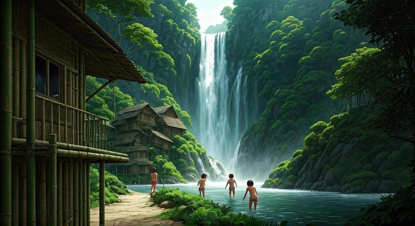 Tropical Bamboo Village Waterfall: Moebius Matte Painting