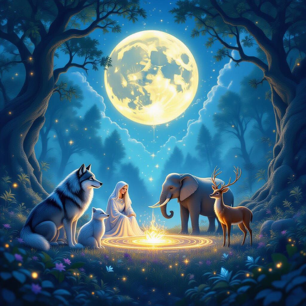 Mythical Dreamscape with Six Spirit Guides Under a Colossal ...