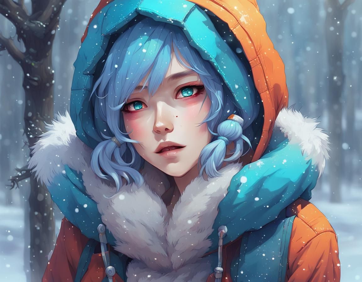 Anime Girl with Blue Hair in Winter Outfit