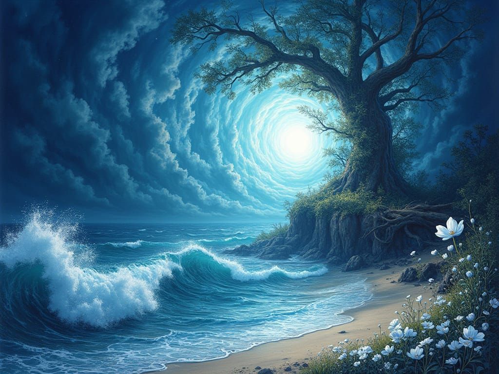 Heavenly Beach with Swirling Stormy Waves and Divine Flowers