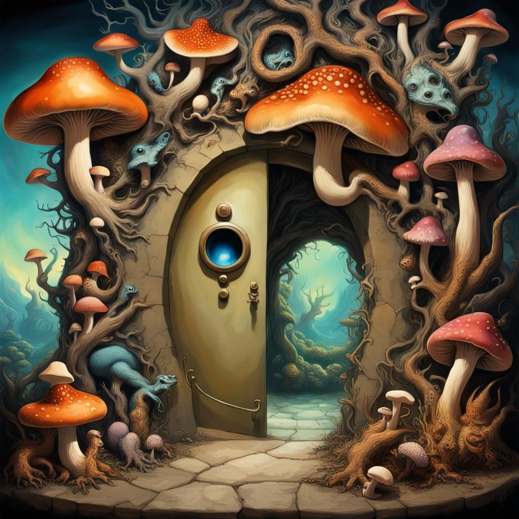The Dreamland of Dali, a peaceful portal peephole containing a realm teeming with Speculative zoology