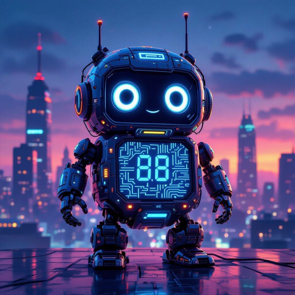 Cybernetic Tamagotchi in Dystopian Future Cityscape