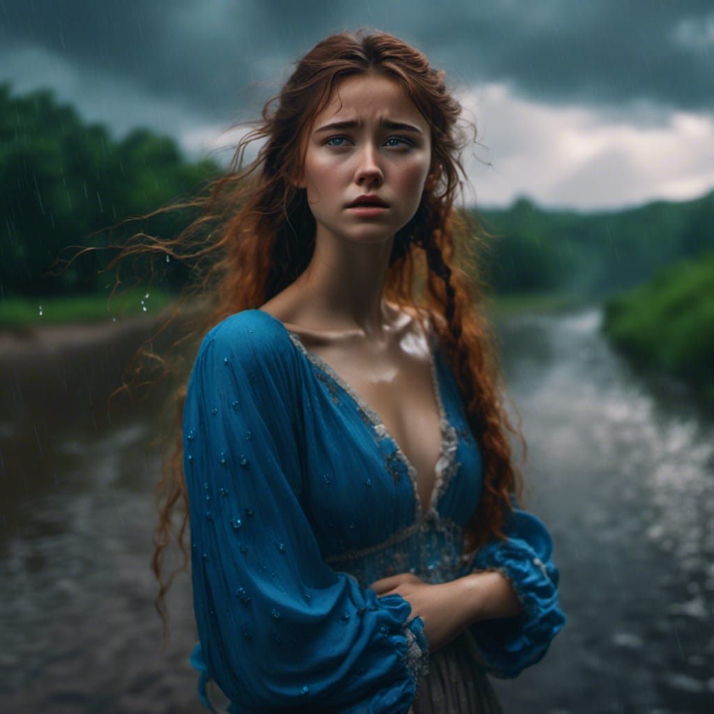 Sad Girl Crying by River in Rainy Weather Portrait