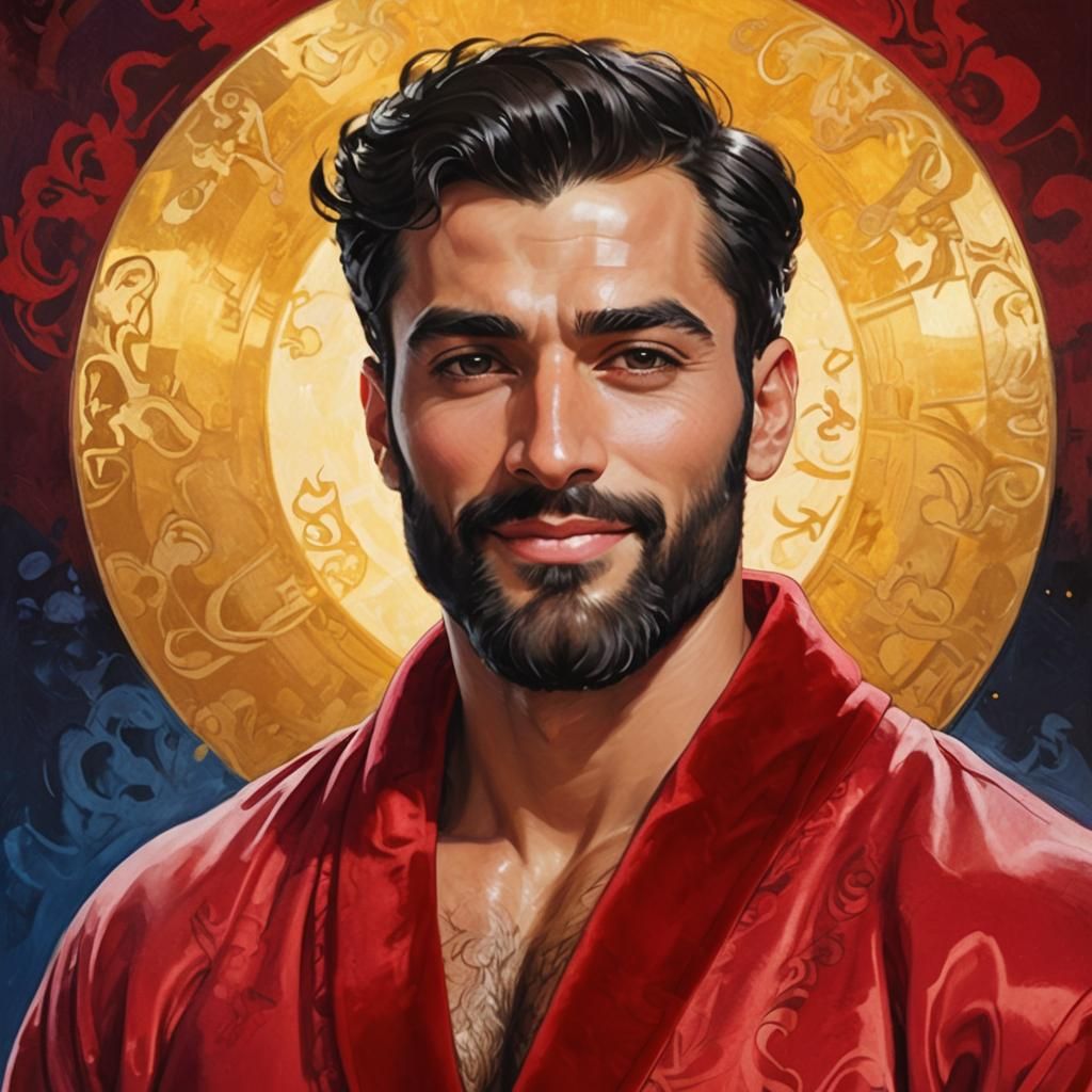 Radiant Man in Red Velvet Robe: Art Nouveau Portrait