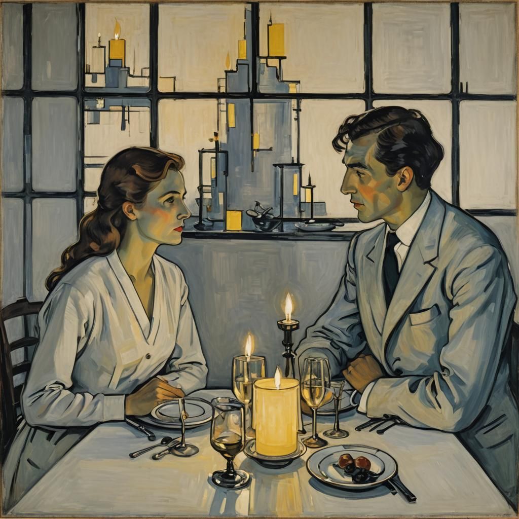 Couple at Dinner Table in Mondrian Style