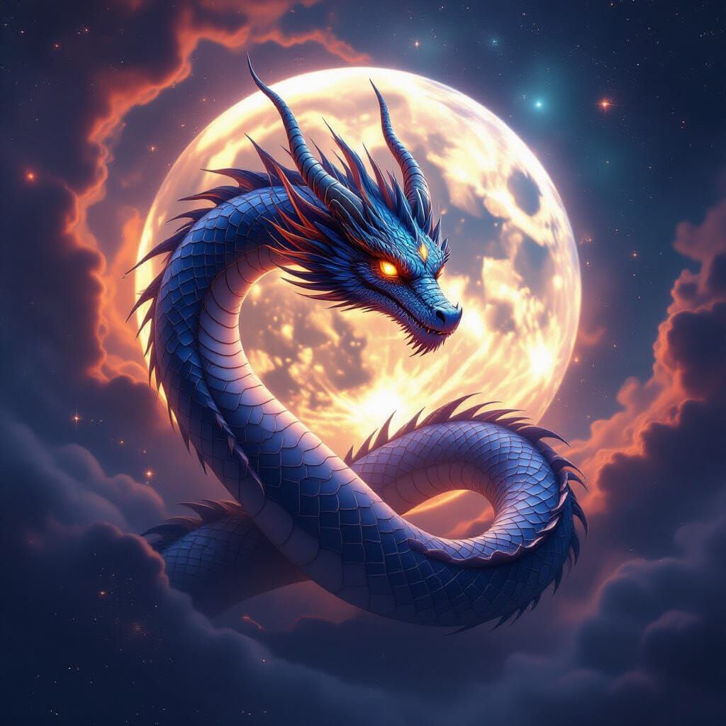 Celestial Dragon Coiled Around Crystal Moon