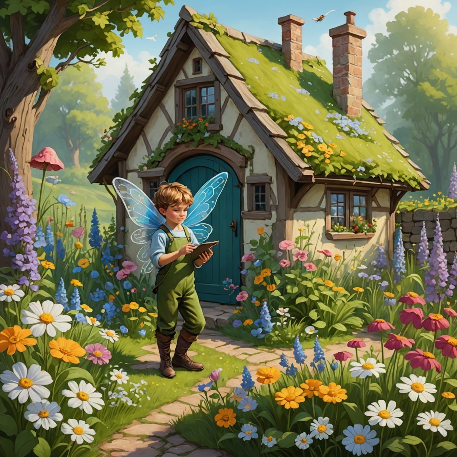 Fairy Painter in Cottage Garden, Illustration Art