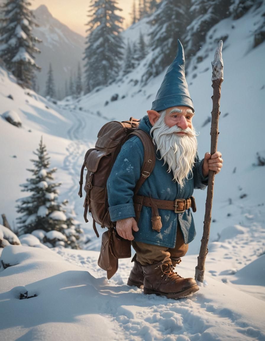 Gnome's Snowy Mountain Adventure: Fantasy Illustration