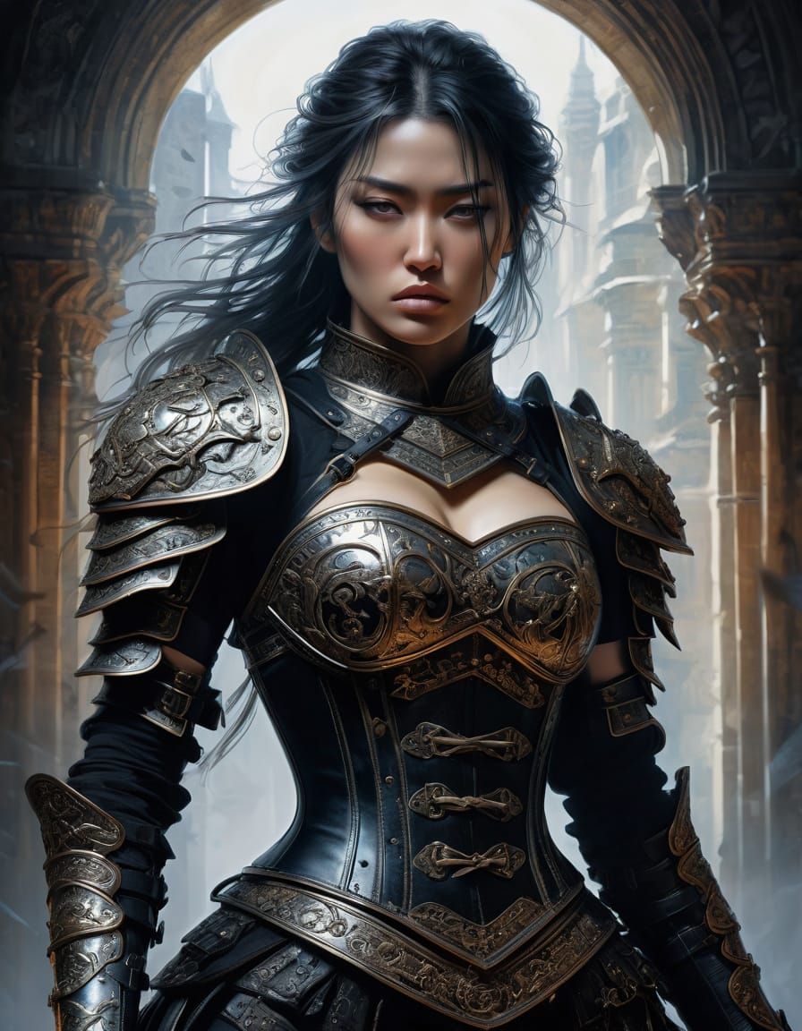 Fantasy Warrior in Black Armor: Impressionistic Style