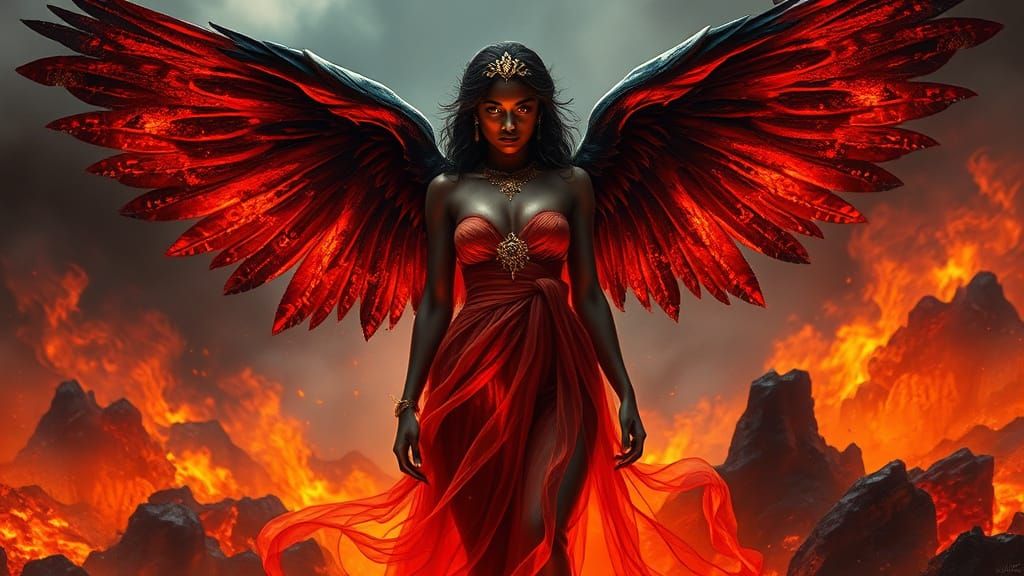 Volcanic Angel Defies the Flames in a Fiery Landscape