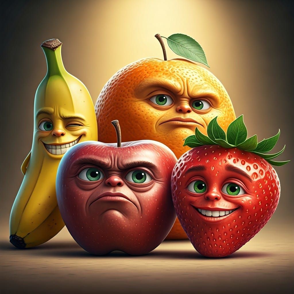 Vibrant Fruits Gather in Whimsical Realism