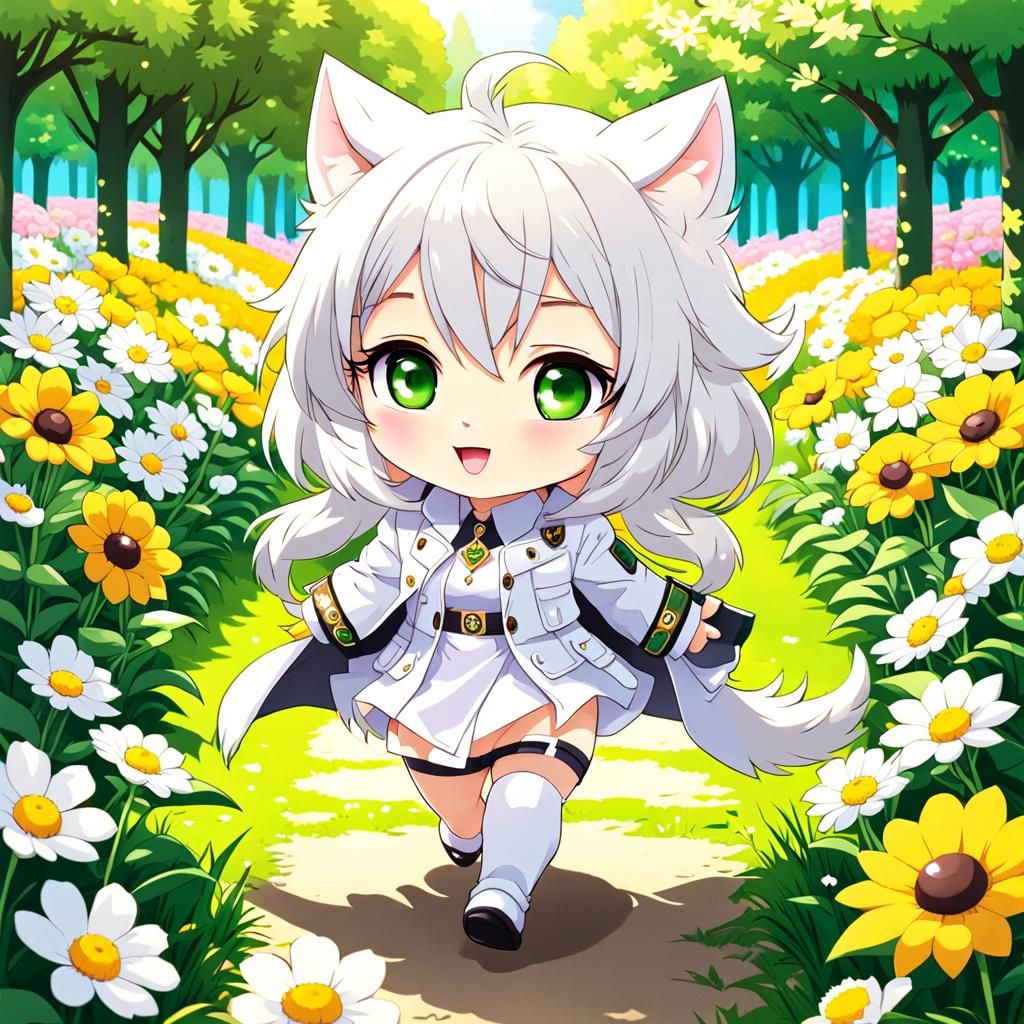 Chibi Wolf Woman in Sunny Flower Park