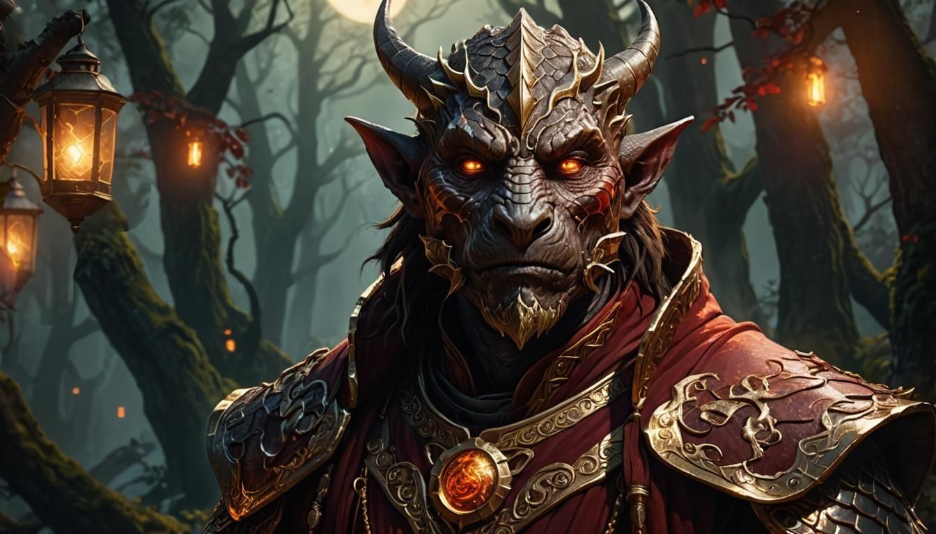 Dragonborn Monk in Mystic Forest at Night