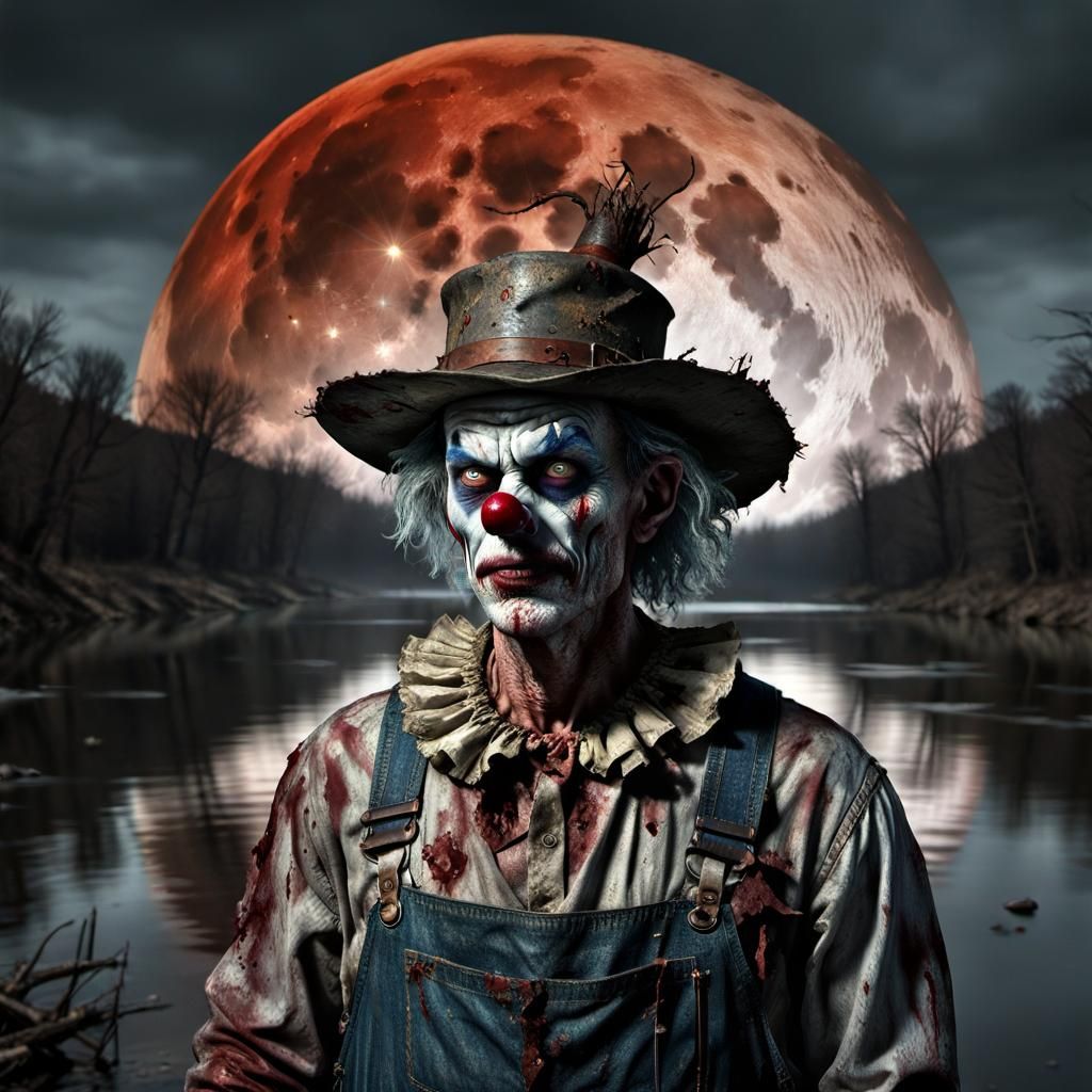 Zombie Clown in River Under Blood Moon