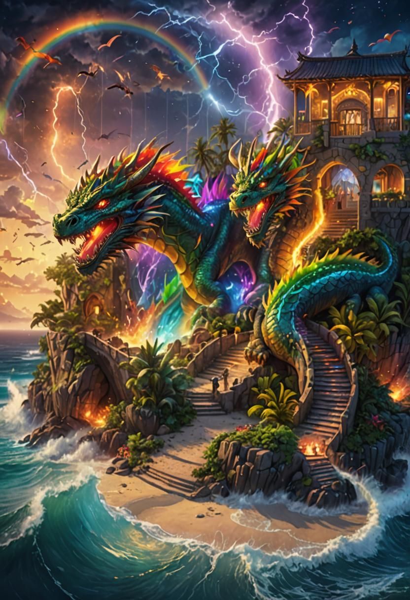 Magical Dragon Island Paradise at Night