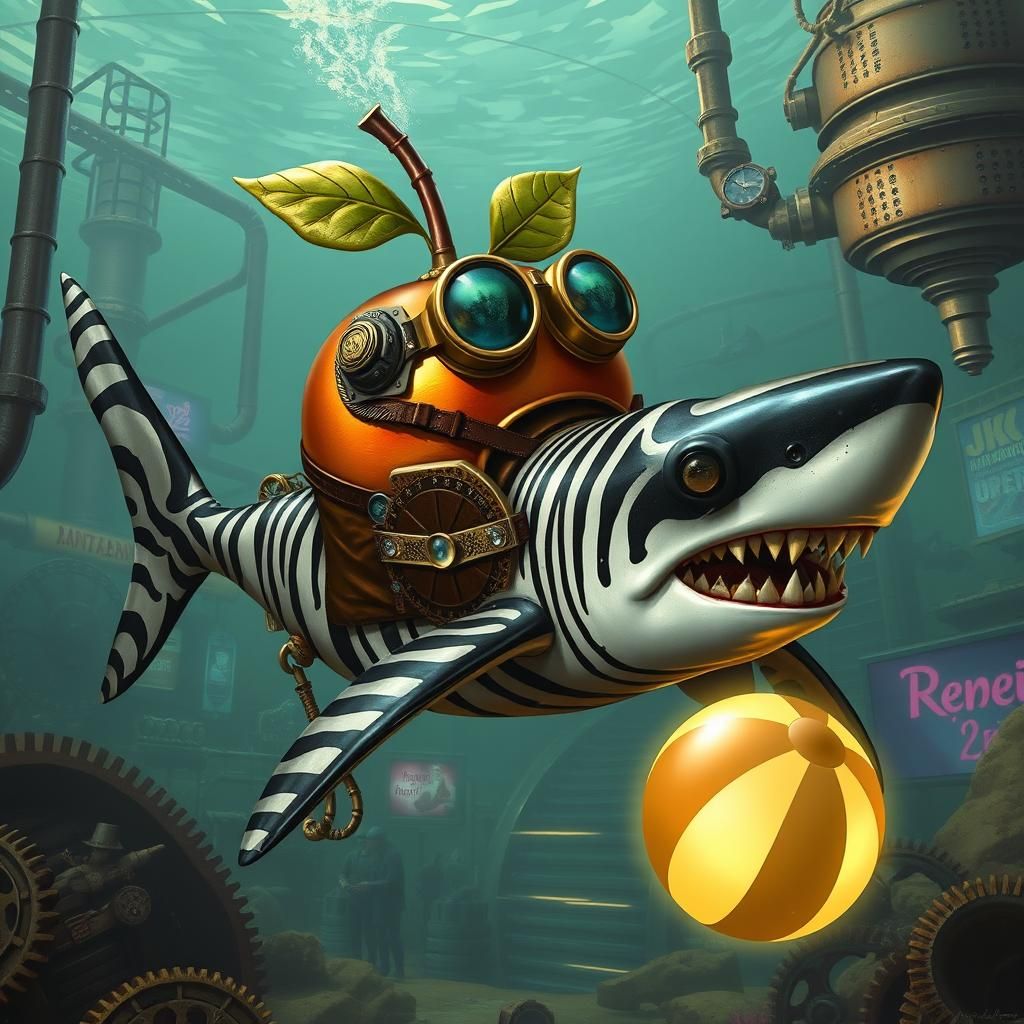 Steampunk Apple Automaton Rides Zebra Shark