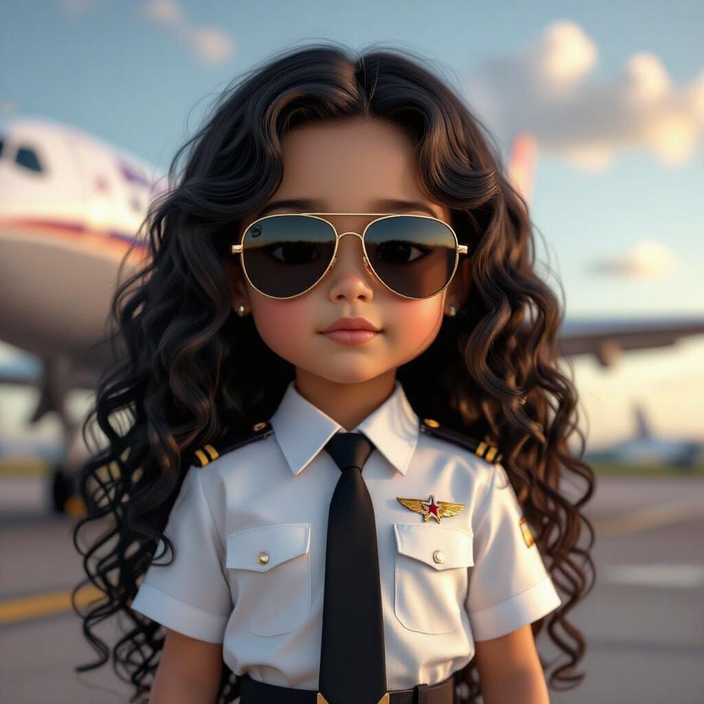Serious Young Girl Pilot in Uniform, Airport Scene
