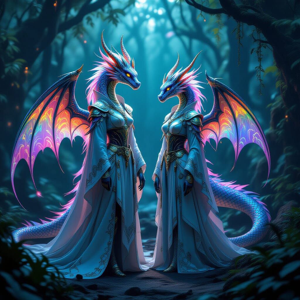 Rainbow Dragons with Ethereal Glow in Cyberpunk Style