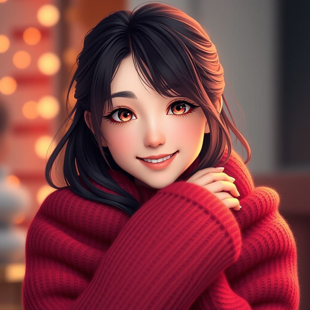 Warmth in Crimson: Anime-Inspired Portrait of a Young Woman