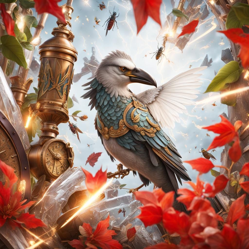 Detailed 3D Rendering of Birds and Armor