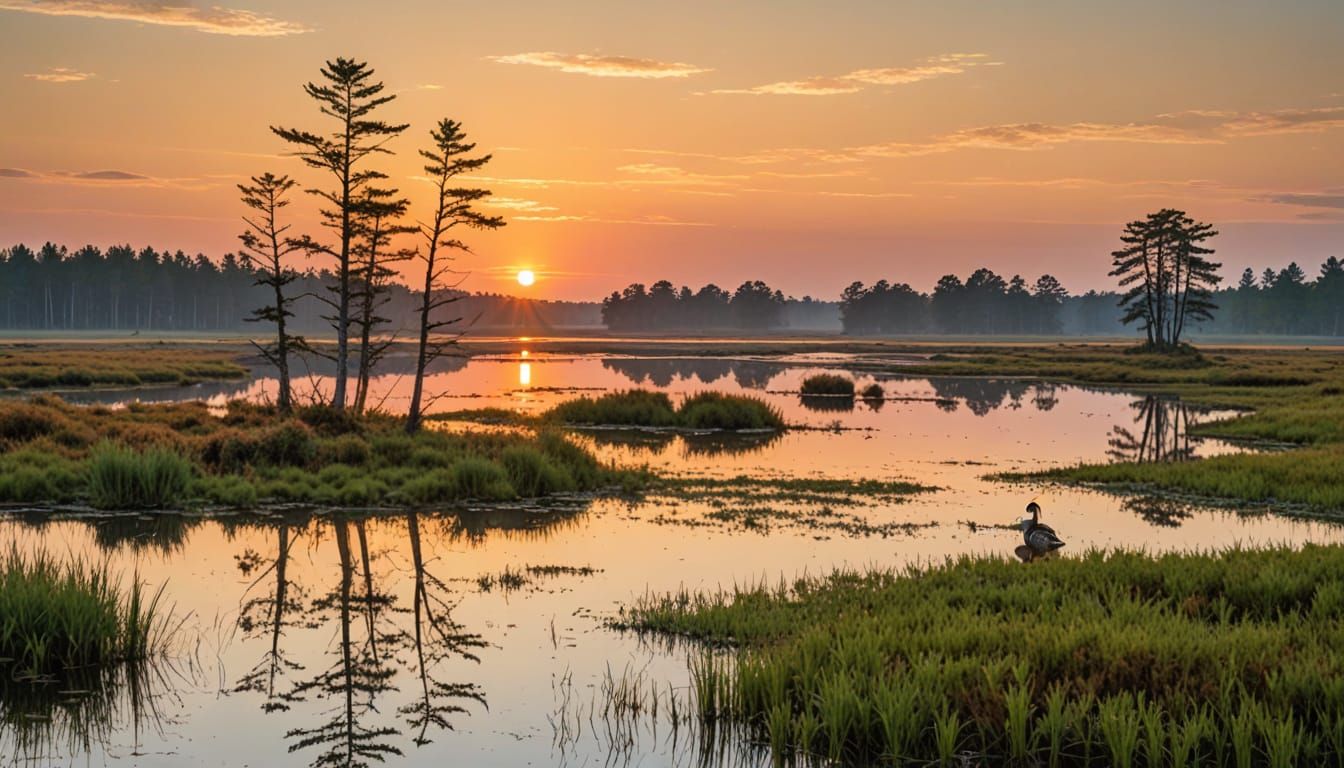 Serene Marshland Sunset Reflections with Birch Groves