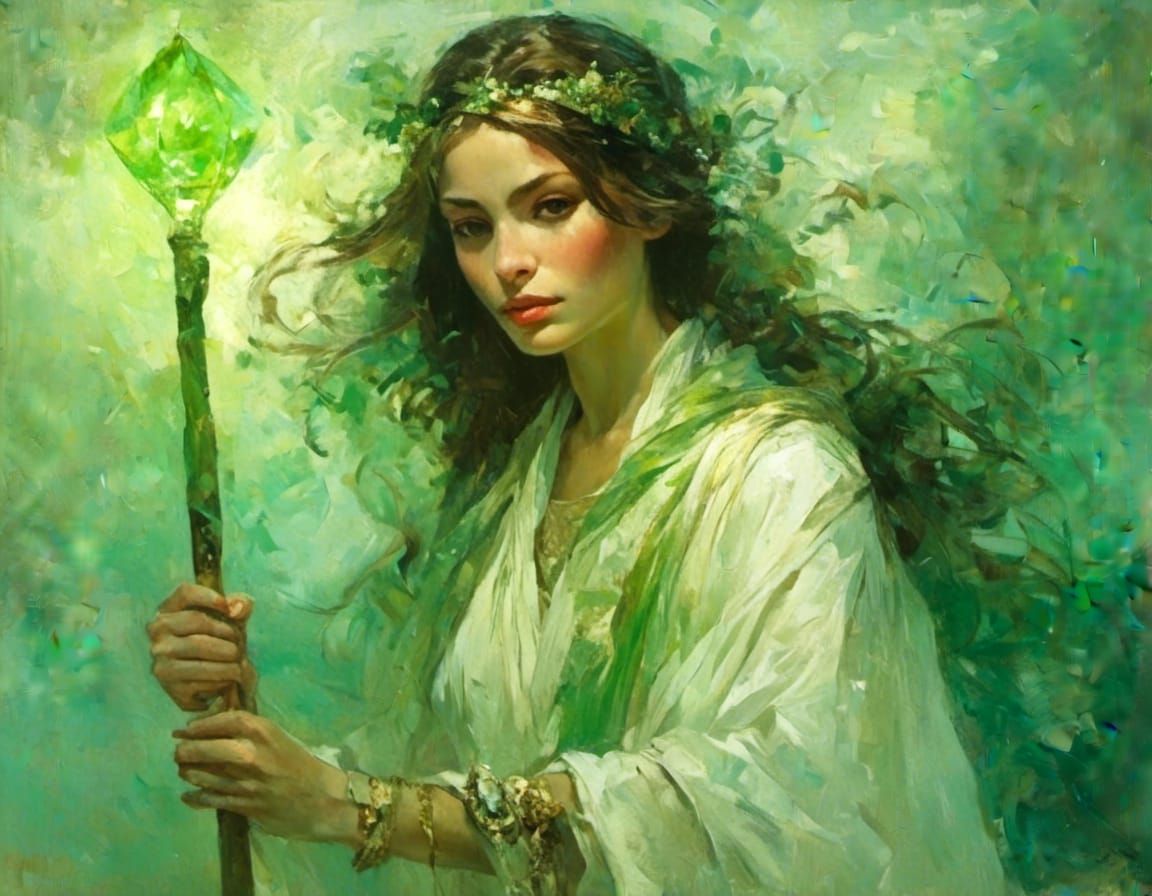 Woman with Staff and Glowing Mist, Digital Painting