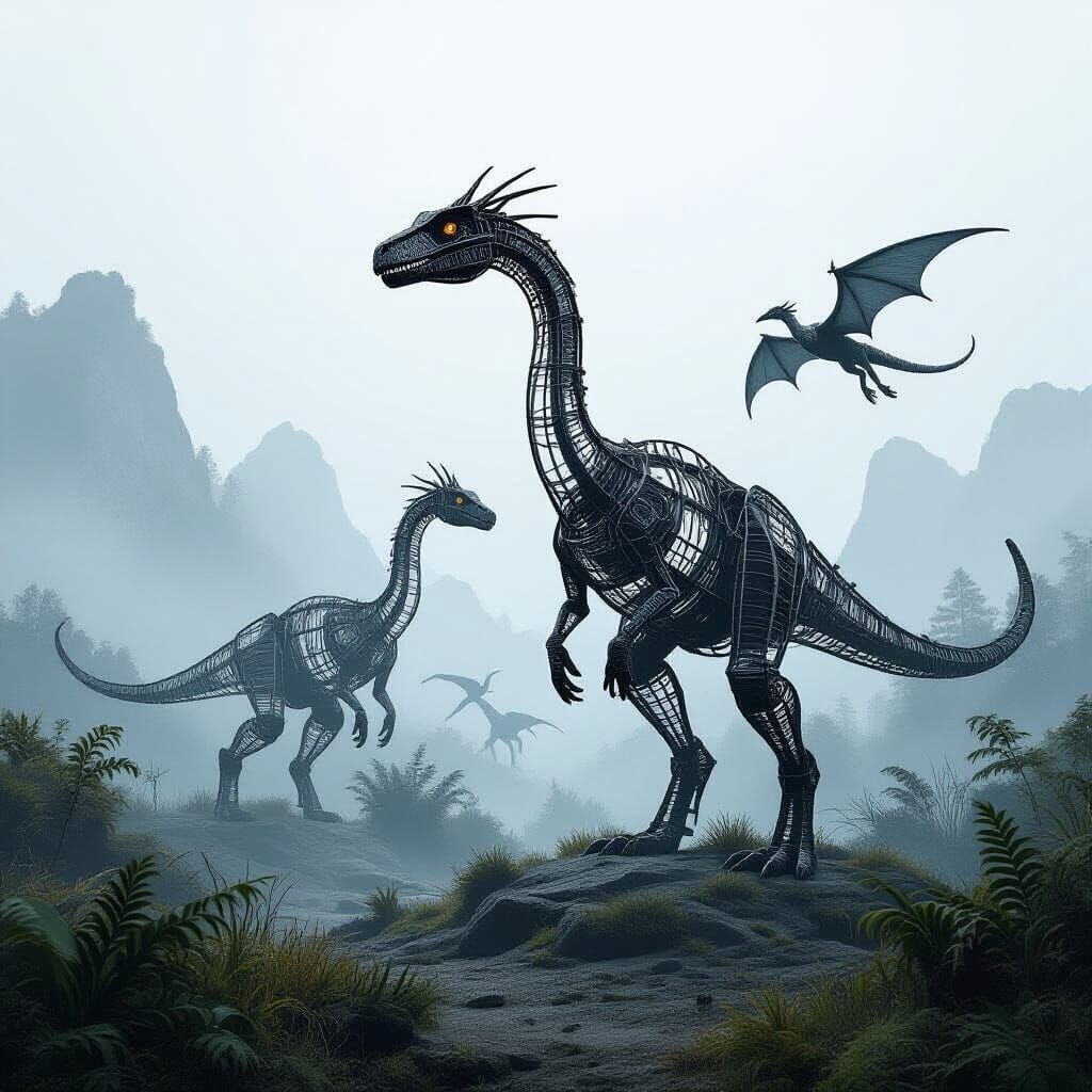 Wire Sculpture Dinosaurs in Prehistoric Landscape