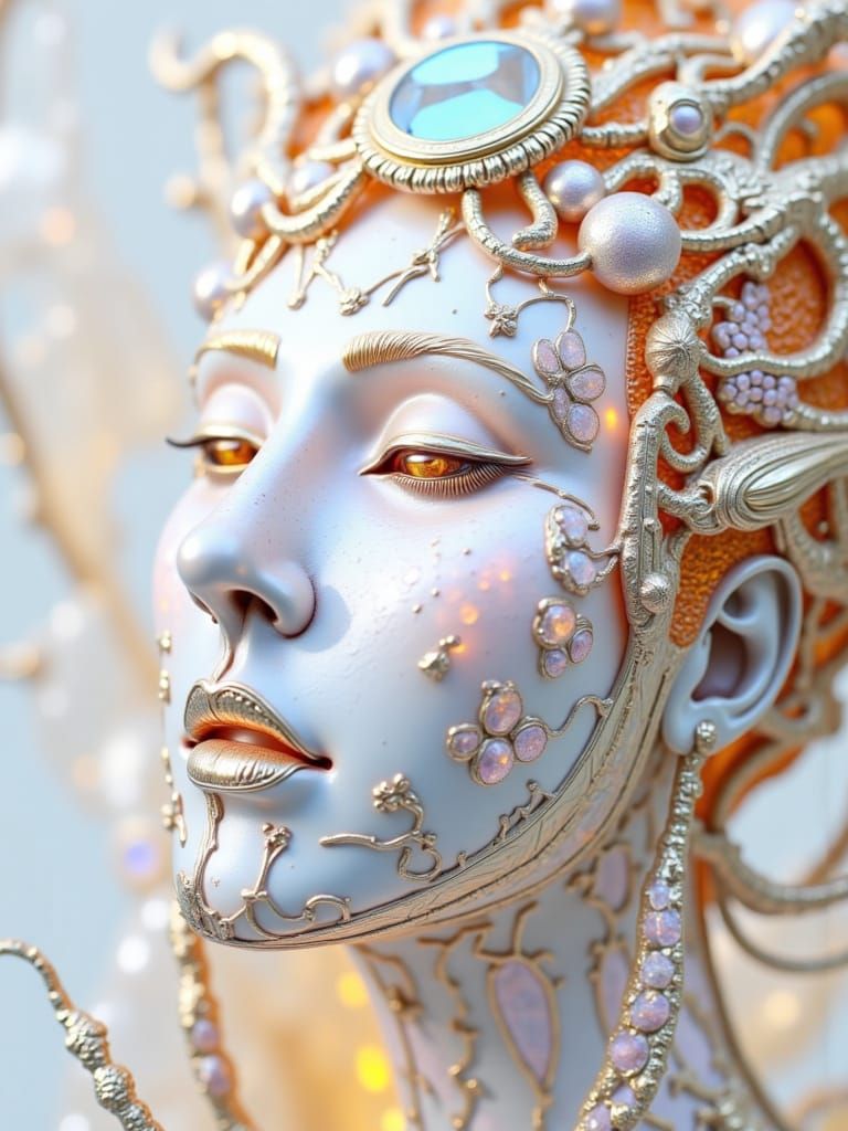 Glass and Metal Character Face with Fiery Hair and Jewels