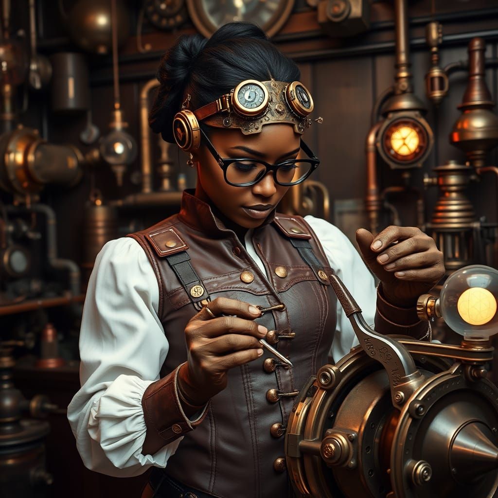 Hyper-Realistic Steampunk Inventor in Brilliant Black Goggle...
