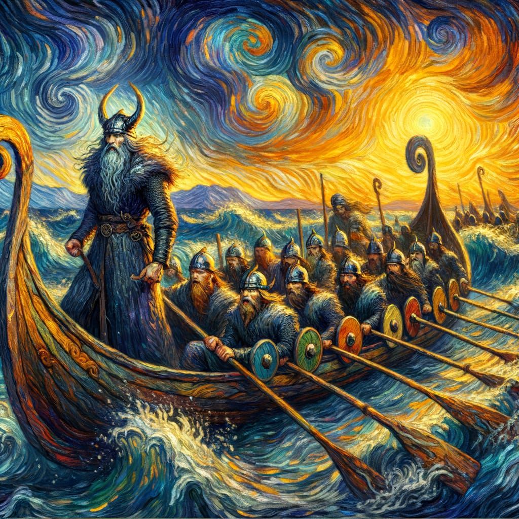 Viking Longboat in Fiery Sunset Storm