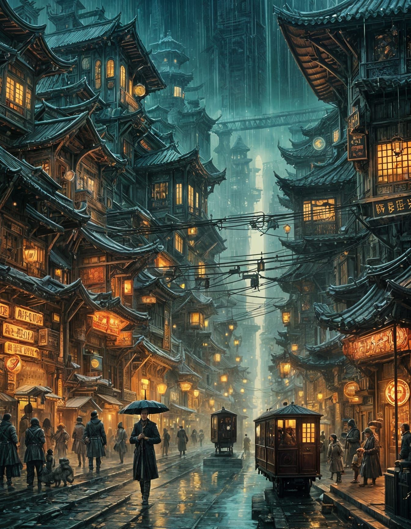 Steampunk East Asian City at Night as Matte Painting