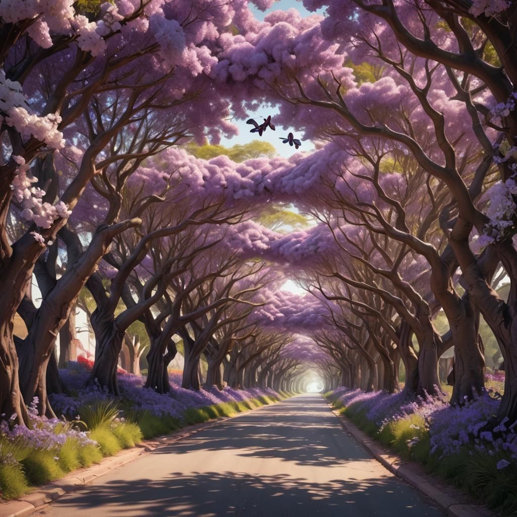 Sunlit Road Through a Tunnel of Purple Flowers