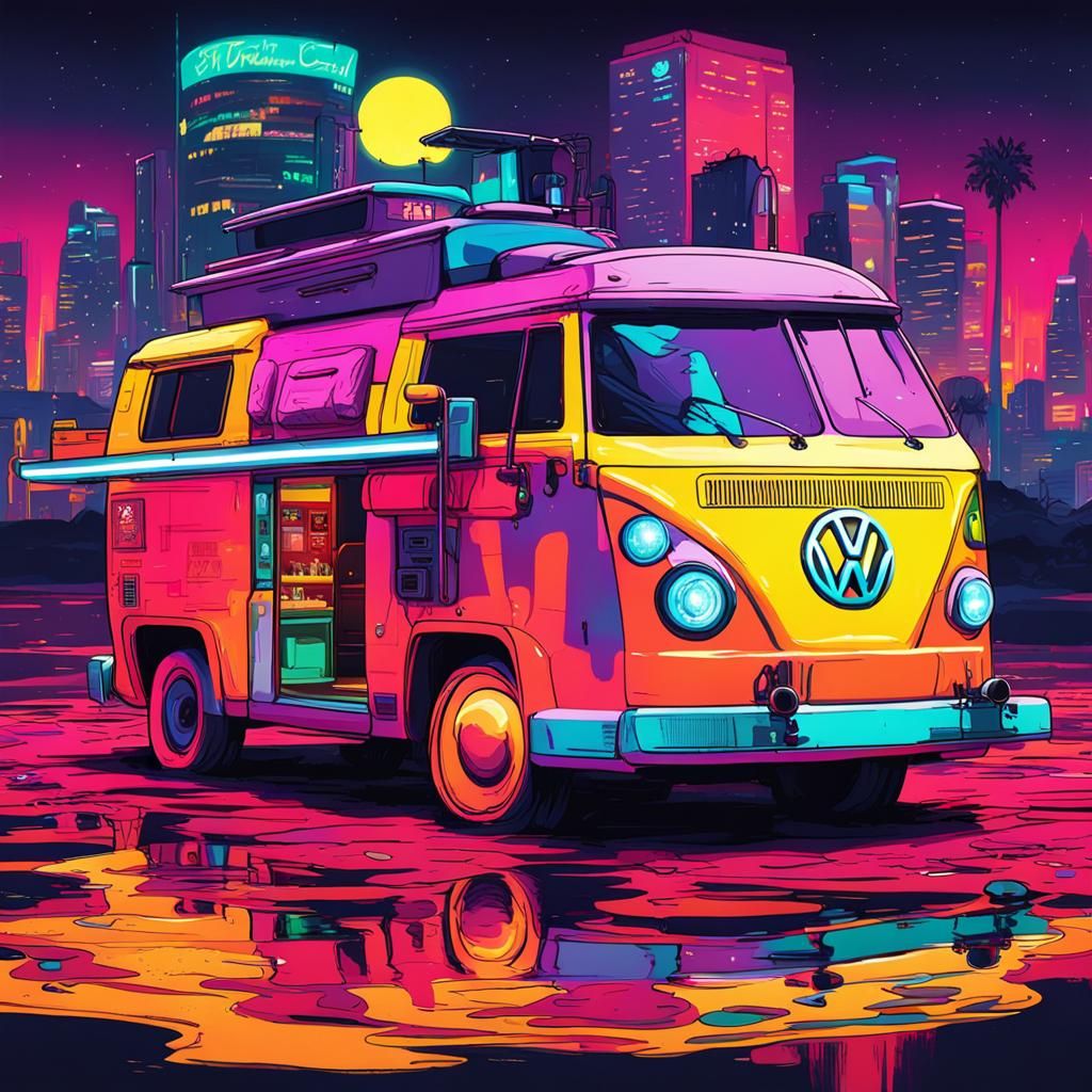 Cyberpunk Food Truck on Beach at Night