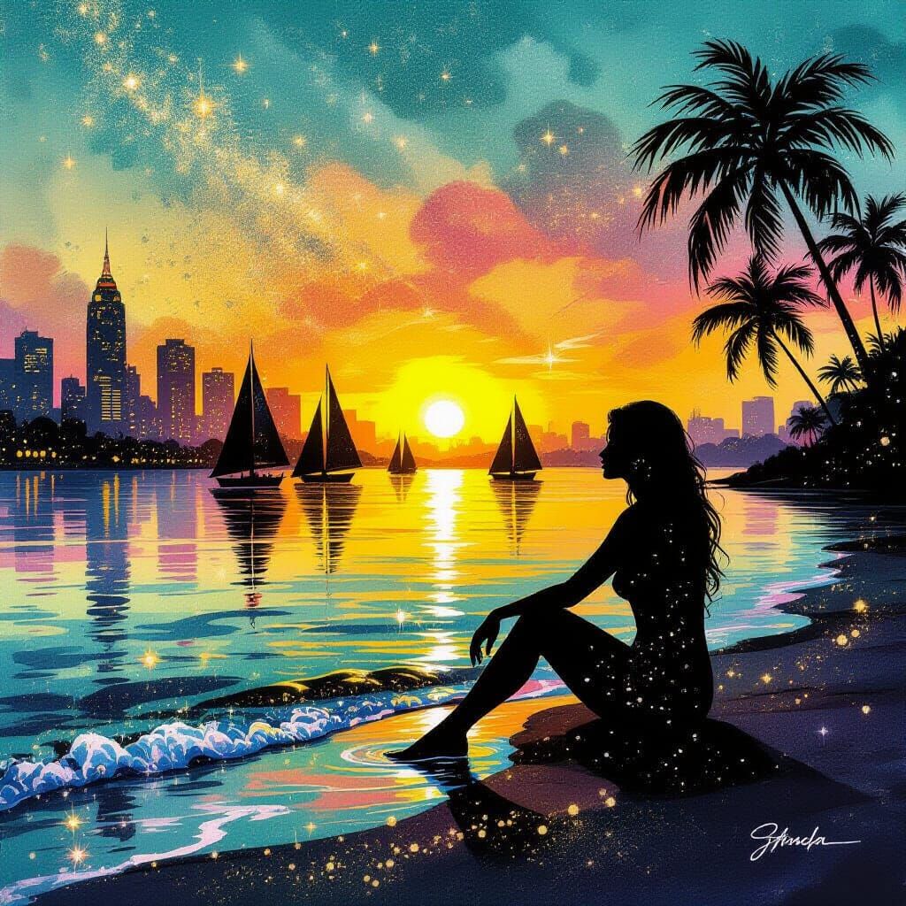 Riverside Silhouette with Cityscape in Alcohol Ink Style