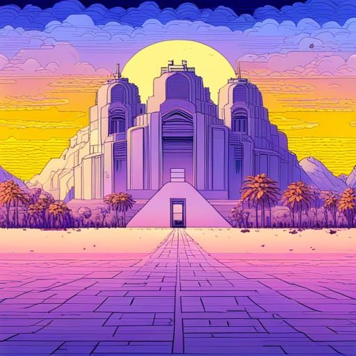 Desert Temple with Purple Trees in Vaporwave Style