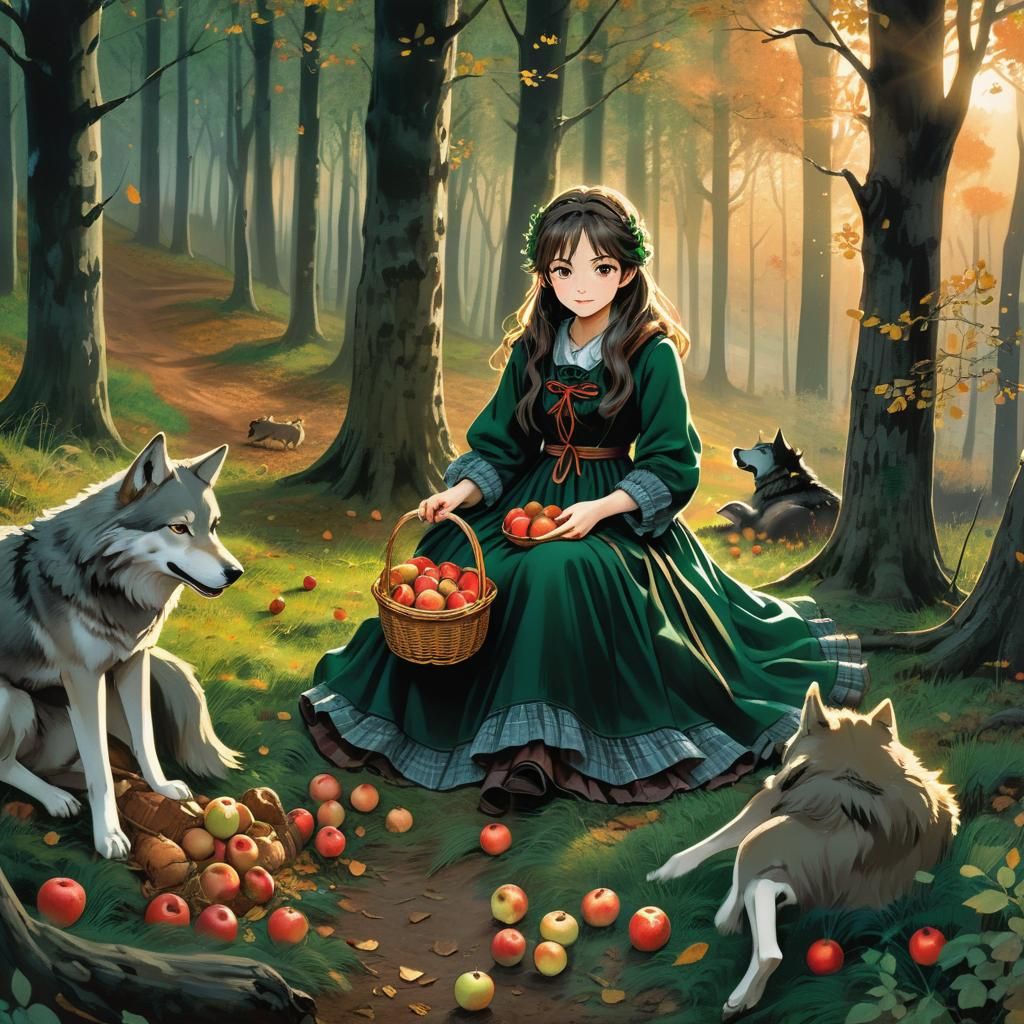 Manga Maiden Collecting Apples in Autumn Forest