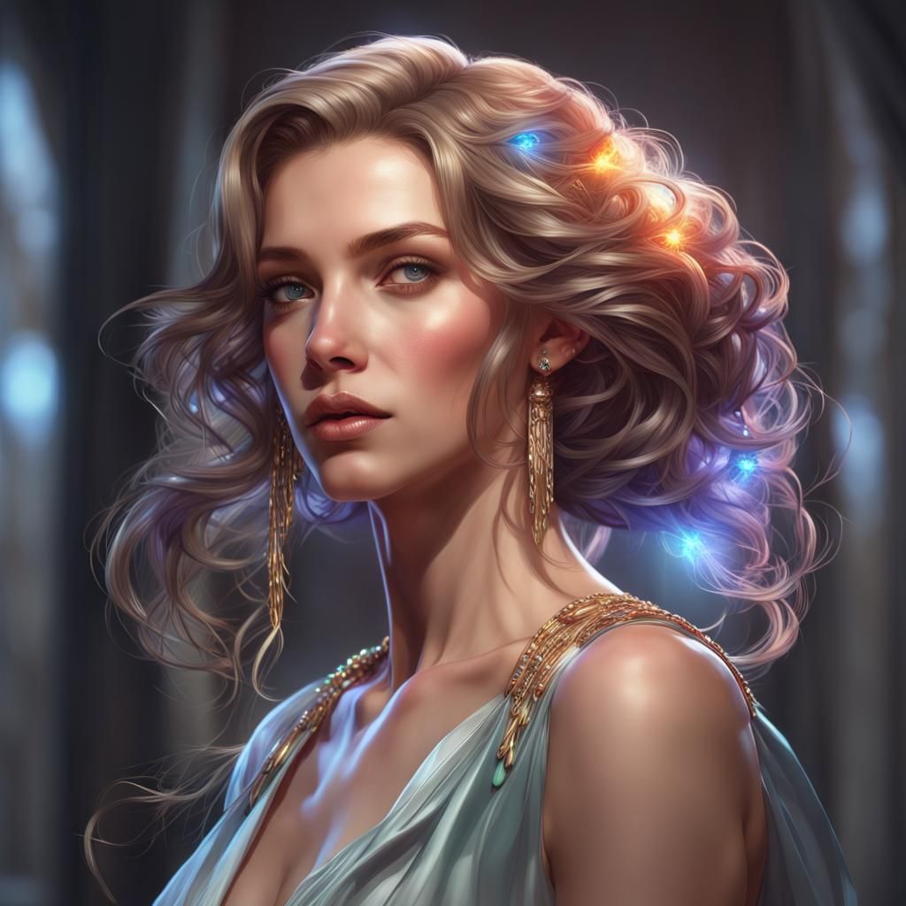 Elegant Portrait with Jeweled Hair, Art Nouveau Style