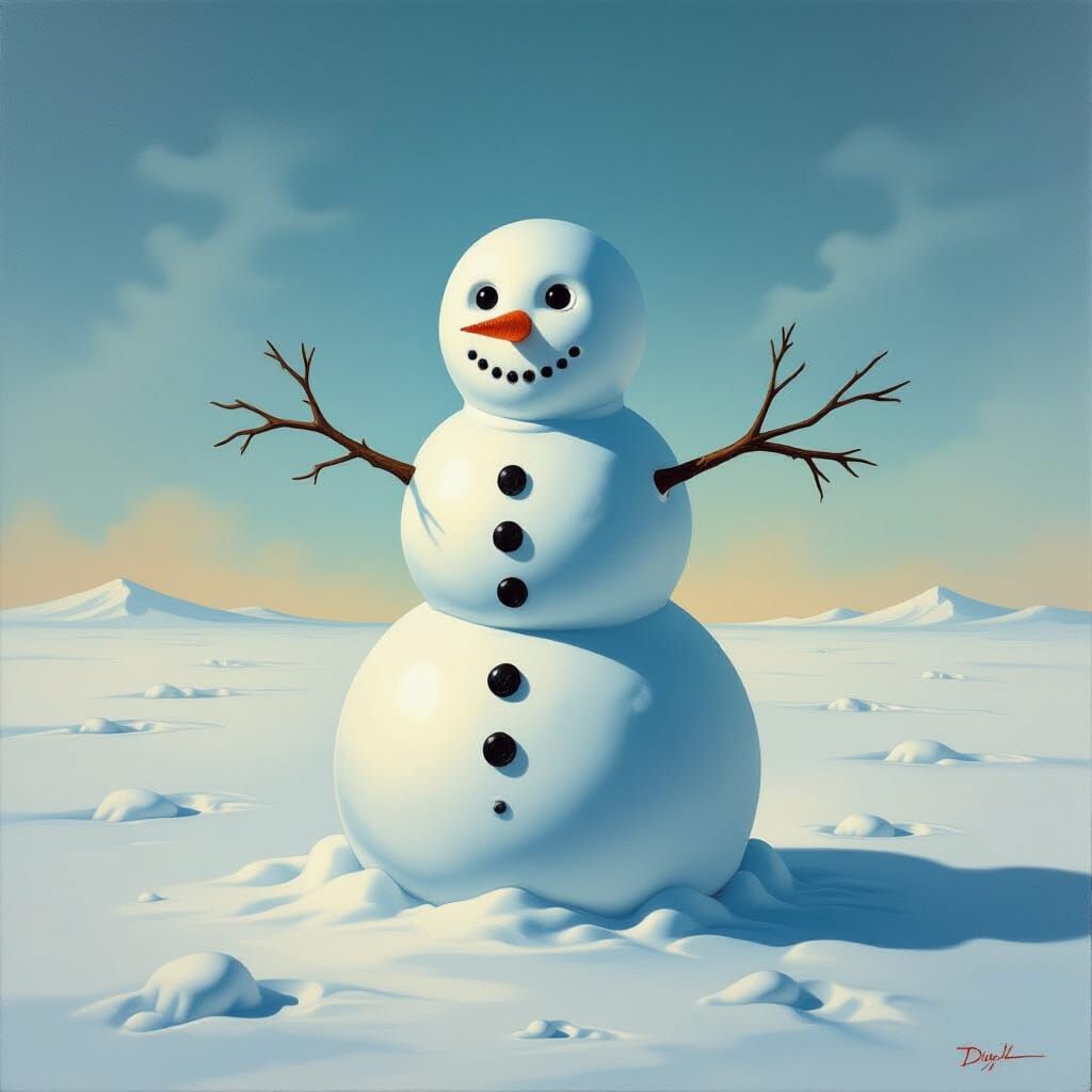 Surreal Melting Snowman Oil Painting in Dali Style