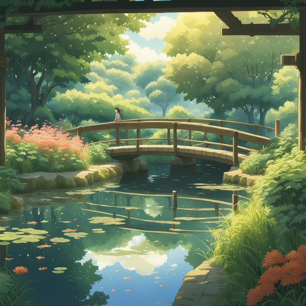 Ghibli-Style Garden with Pond and Fish