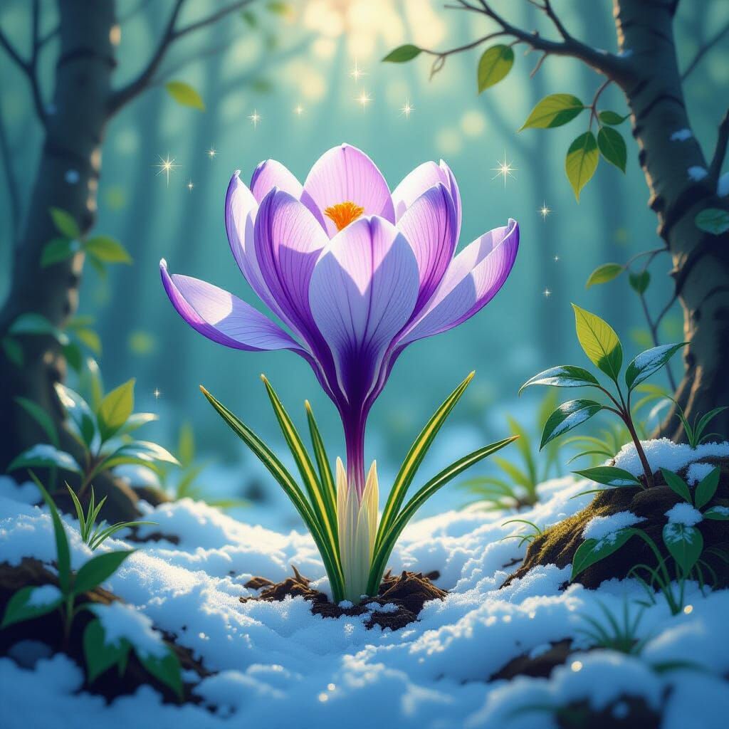Crocus Flower Emerges from Snow in Baroque Style