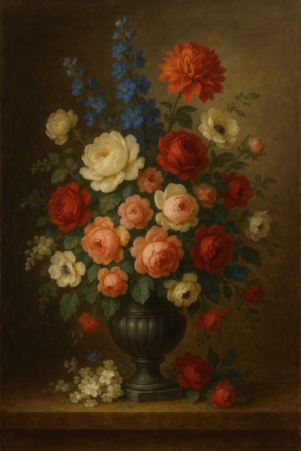 Neoclassical Oil Painting of a Vibrant Flower Vase